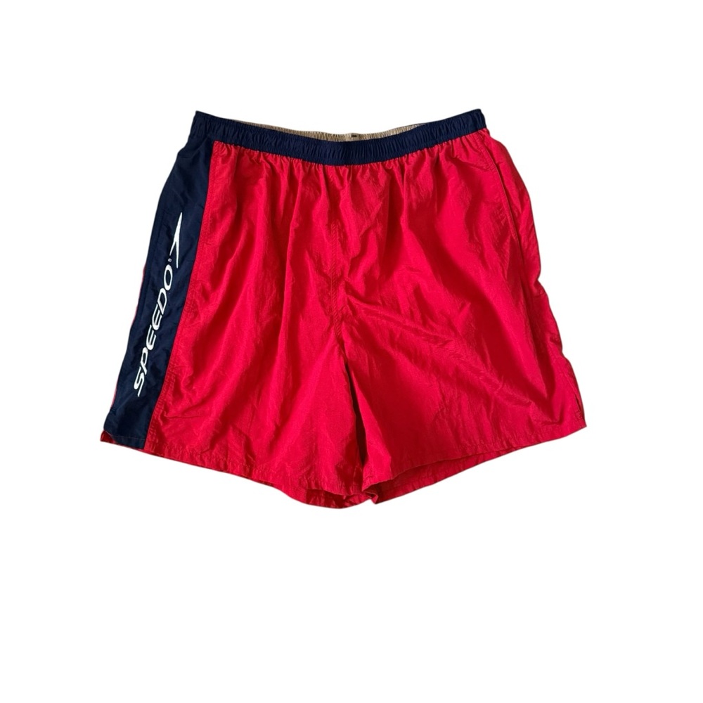 Vintage Speedo Red Swim Shorts with Navy Side Panel Size XL